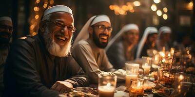 ai generato un' gruppo di anziano musulmano famiglia e amici raccolta durante Ramadan con delizioso piatti su il tavolo. iftar cena. generativo ai foto