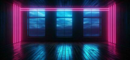 ai generato moderno buio camera con raggiante neon Linee con retrò anni 80 stile. futuristico interno con laser effetto. generativo ai foto