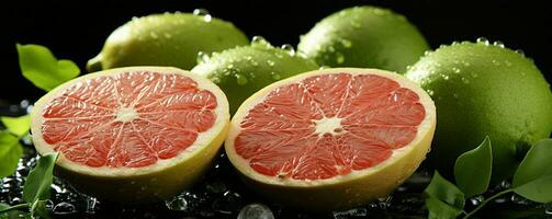 ai generato affettato fresco Pompelmi con acqua goccioline. pomelo frutta. generativo ai foto