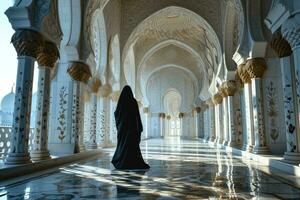 ai generato muslimah con niqab passeggiate nel il lussuoso interno di un' moschea. musulmano donne a moschea. generativo ai foto