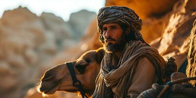 ai generato mezzo orientale uomo con il suo cammelli nel il deserto a tramonto. generativo ai foto