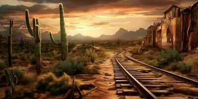 ai generato arrugginito Ferrovia traccia su occidentale deserto. abbandonato treno traccia. generativo ai foto