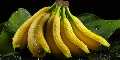 ai generato fresco banane con acqua goccioline. mazzo di Banana isolato su nero sfondo. generativo ai foto