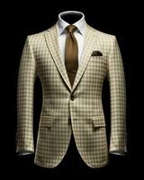 ai generato elegante beige Uomini completo da uomo con percalle motivo isolato su nero sfondo. generativo ai foto