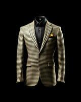 ai generato elegante beige Uomini completo da uomo con percalle motivo isolato su nero sfondo. generativo ai foto