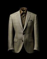 ai generato elegante beige Uomini completo da uomo con percalle motivo isolato su nero sfondo. generativo ai foto