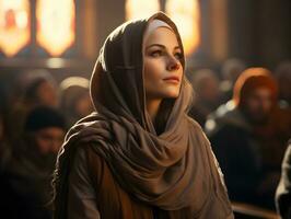 ai generato bellissimo musulmano donna nel hijab si siede nel moschea, ascoltando per sermone, generativo ai foto