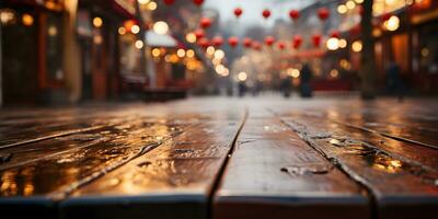 ai generato vuoto di legno tavolo con sfocato antico Cinese cittadina sfondo, decorato con sospeso lanterne. generativo ai foto