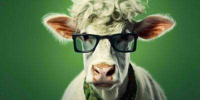 ai generato ritratto di freddo e divertente mucca indossare bicchieri nel studio sfondo. generativo ai foto