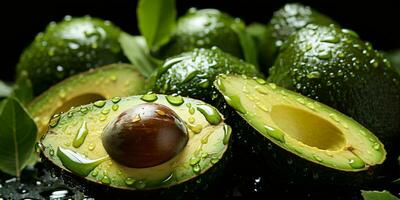 ai generato fresco avocado con acqua goccioline su nero sfondo. generativo ai foto