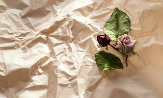 concetto tiro di il sfondo tema, involucro carta, secco Rose altro fiori e altro disposizioni. san valentino giorno foto