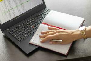 tiro di un' donna Lavorando su il il computer portatile mostrando un eccellere foglio su il schermo con banca prestito ammortamento tavolo. finanza foto