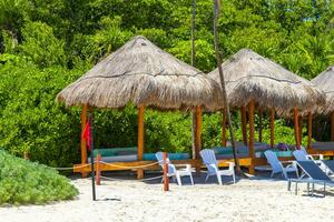 palapa paglia tetti palme ombrelloni sole lettini spiaggia ricorrere Messico. foto