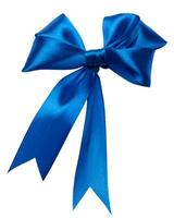 legato arco fatto di blu seta nastro su un isolato sfondo, arredamento per un' regalo foto
