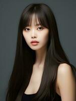ai generato ritratto di bellissimo giovane coreano donna con lungo dritto capelli con morbido scoppi, ai generativo foto