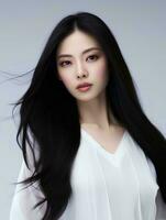 ai generato ritratto di bellissimo asiatico donna con lungo nero capelli su isolato sfondo, ai generativo foto