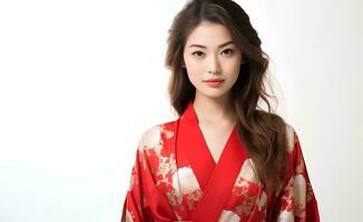 ai generato ritratto di giovane giapponese femmina modello indossare chimono in posa con grazia, studio foto, isolato bianca sfondo foto