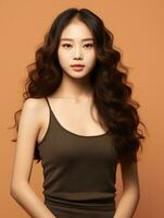 ai generato bellissimo giovane asiatico donna indossare serbatoio superiore con lungo Riccio capelli, coreano stile trucco e Perfetto pelle su un isolato sfondo, ai generativo foto