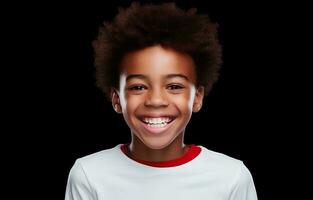 ai generato ritratto di carino africano ragazzo modello con Perfetto pulito denti ridendo e sorridente, studio foto, isolato bianca sfondo foto