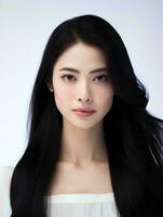 ai generato ritratto di bellissimo asiatico donna con lungo nero capelli su isolato sfondo, ai generativo foto