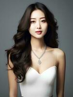 ai generato ritratto di bellissimo giovane coreano donna con lungo nero ondulato capelli, indossare bianca vestire, diamante collana, isolato bianca sfondo, ai generativo foto