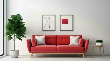 ai generato rosso divano e poltrona nel appartamento, moderno vivente camera interno disegno, modello telaio concetto nel semplice confortevole vivente camera interno, 3d interpretazione foto
