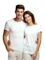 ai generato ritratto di giovane coppia modello indossare pianura bianca magliette come modello Materiale, studio foto, isolato bianca sfondo, per pubblicità e ragnatela design foto