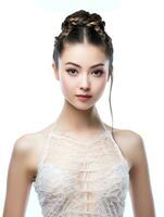 ai generato ritratto di bellissimo giapponese donna con intrecciato capelli indossare balletto vestire, isolato bianca sfondo, ai generativo foto