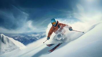 ai generato giovane uomo sciare su alto neve montagna nel inverno, scorrevole giù dando neve spruzzo effetto foto