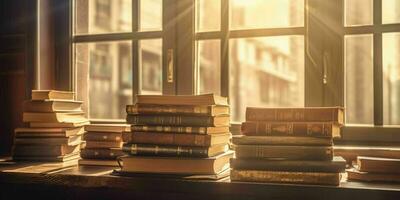 ai generato pila di libri su un' di legno tavolo con finestra e luce del sole nel il sfondo. generativo ai foto