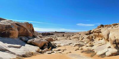 ai generato un' vasto, arido deserto con blu cieli. roccioso deserto paesaggio. generativo ai foto