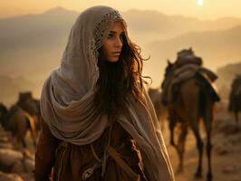 ai generato bellissimo velato donne in viaggio nel il deserto con luce del sole effetto. generativo ai foto