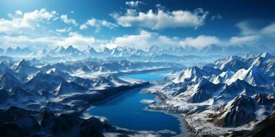 ai generato illustrazione di un' grande nevoso montagna paesaggio con un' lago sotto. inverno montagne. generativo ai foto
