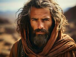 ai generato un' barbuto e dai capelli lunghi mezzo orientale uomo indossare un' foulard nel il deserto. generativo ai foto