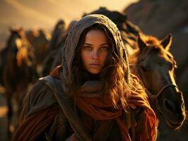 ai generato bellissimo velato donne in viaggio nel il deserto con luce del sole effetto. generativo ai foto