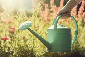 ai generato donna con irrigazione può nel giardino. ai generato. foto