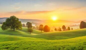 ai generato bellissimo Alba al di sopra di verde prato nel il mattina. paesaggio con nebbia. foto