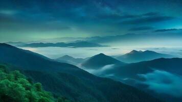 ai generato tranquillo Alba al di sopra di nebbioso foresta nel montagna paesaggio foto