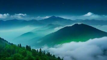 ai generato tranquillo Alba al di sopra di nebbioso foresta nel montagna paesaggio foto