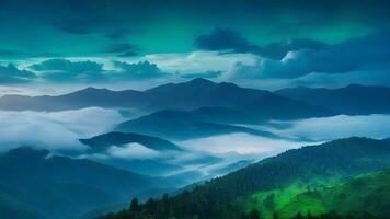 ai generato tranquillo Alba al di sopra di nebbioso foresta nel montagna paesaggio foto