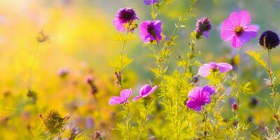 ai generato bellissimo prato con colorato fiori nel il luce del sole. natura sfondo foto