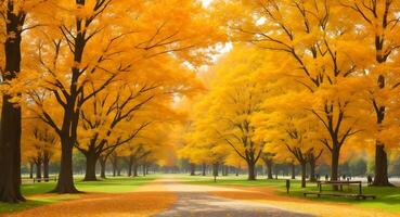 ai generato vuoto parco sentiero foderato con panchine sotto vivace autunno alberi foto