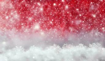 ai generato Natale sfondo con i fiocchi di neve e stelle su un' rosso sfondo. foto