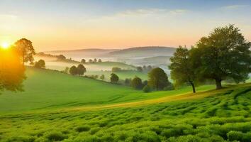 ai generato bellissimo Alba al di sopra di verde prato nel il mattina. paesaggio con nebbia. foto