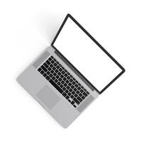 il computer portatile Aperto Schermo con vuoto schermo isolato su bianca sfondo per Annunci superiore Visualizza sinistra bianca foto