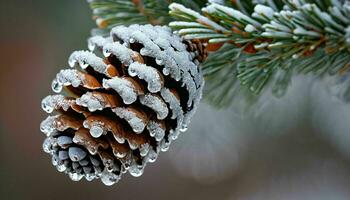 ai generato pino cono con ghiaccio cristalli sospeso a partire dal esso foto