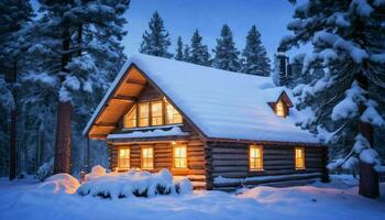 ai generato log cabina nel inverno foresta foto