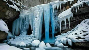 ai generato congelato cascata nel montagne foto