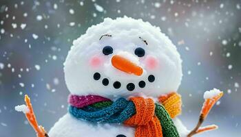 ai generato pupazzo di neve indossare colorato sciarpa foto