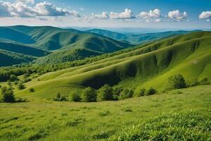 ai generato rotolamento verde colline sotto nuvoloso cielo foto